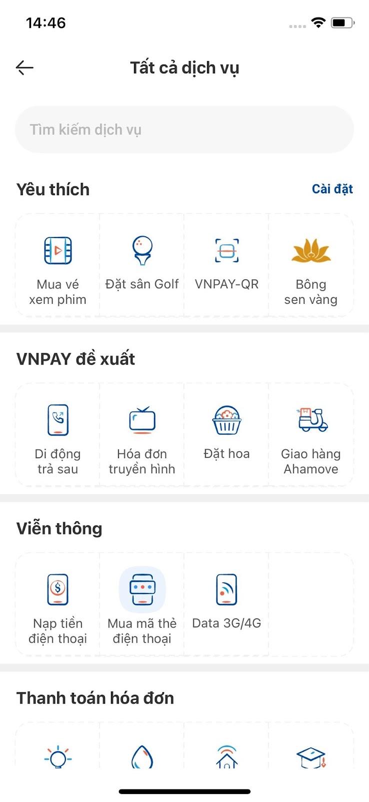 Để nạp thẻ Viettel online, bạn chọn tính năng Nạp tiền điện thoại trong phần Viễn thông