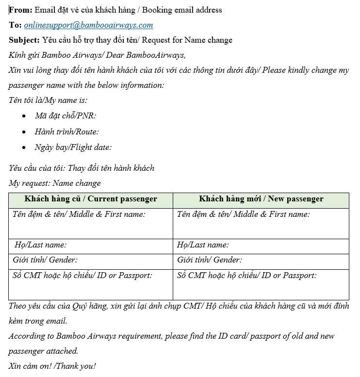 Mẫu email yêu cầu đổi ngày/giờ/tên hành khách của Bamboo Airways