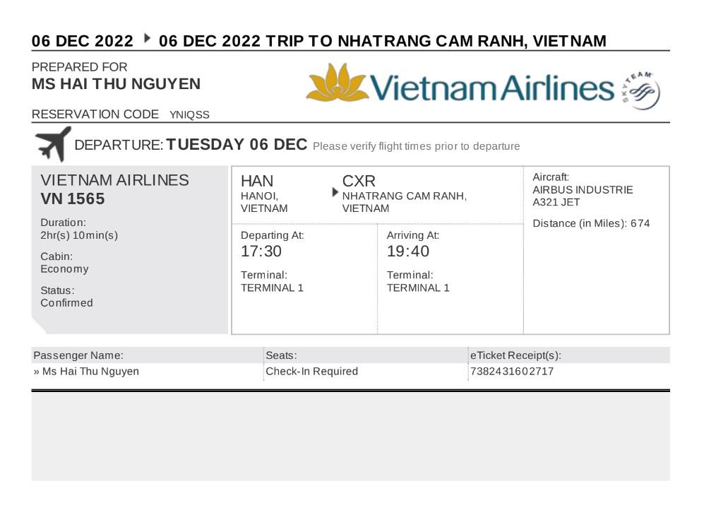 Vietnam Airlines gửi vé điện tử qua email