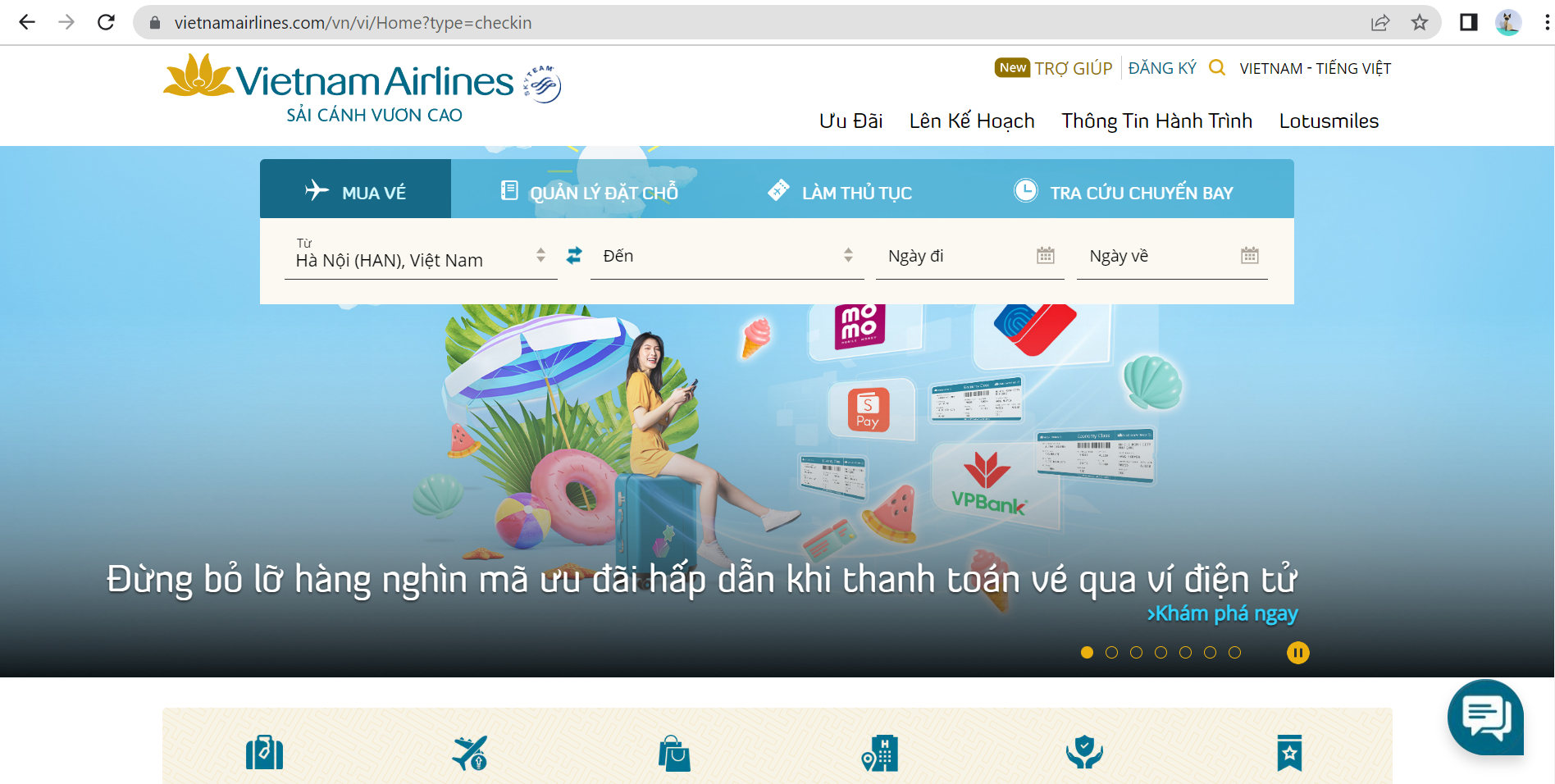 Giao diện check in online trên website Vietnam Airlines