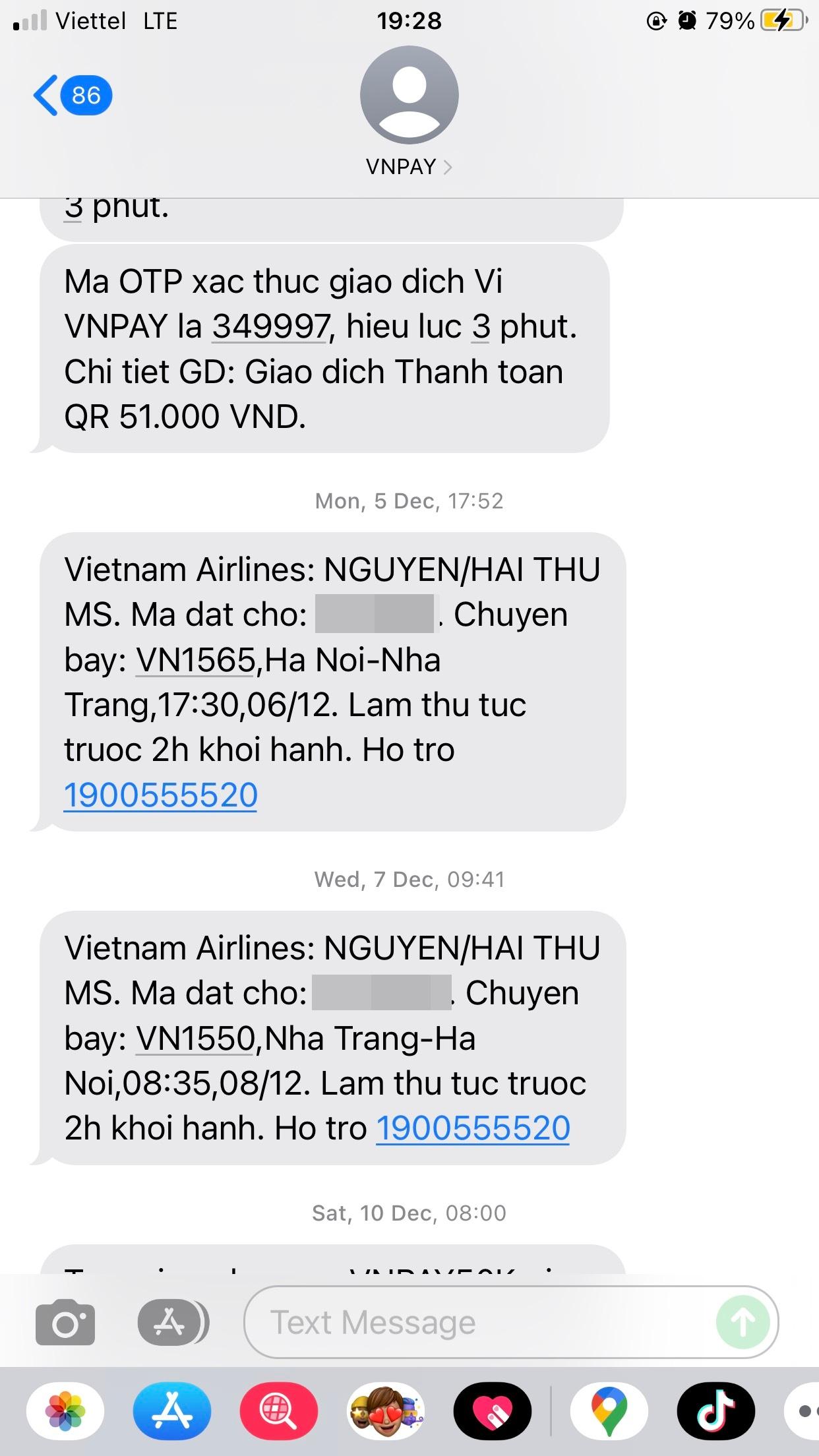 Khách hàng sẽ nhận được tin nhắn xác nhận mãcode qua số điện thoại đã điền khi đặt vé máy bay qua ví VNPAY
