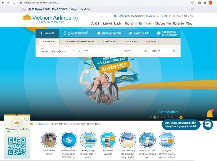 Truy cập website chính thức của Vietnam Airlines