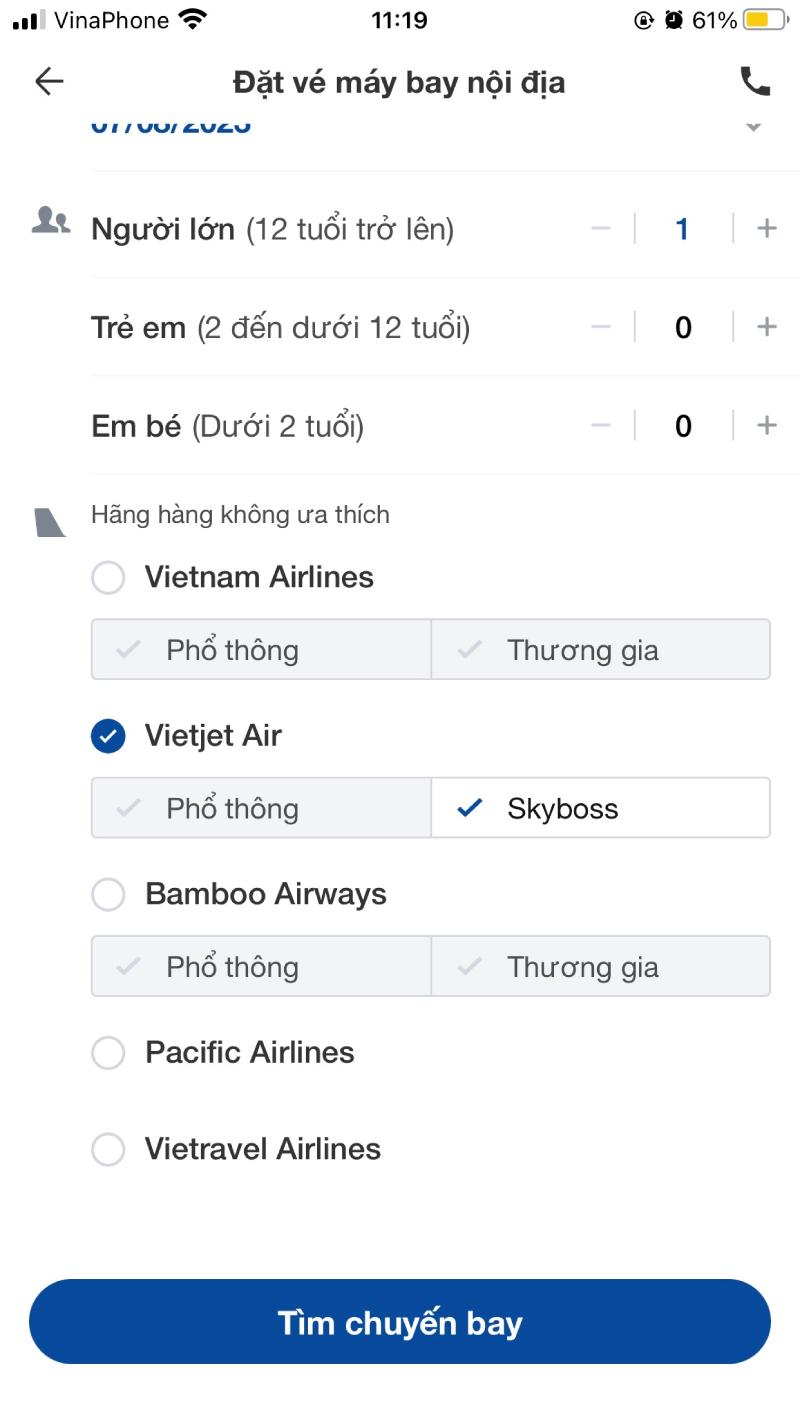 Tìm chuyến bay hạng phổ thông của Vietjet Air