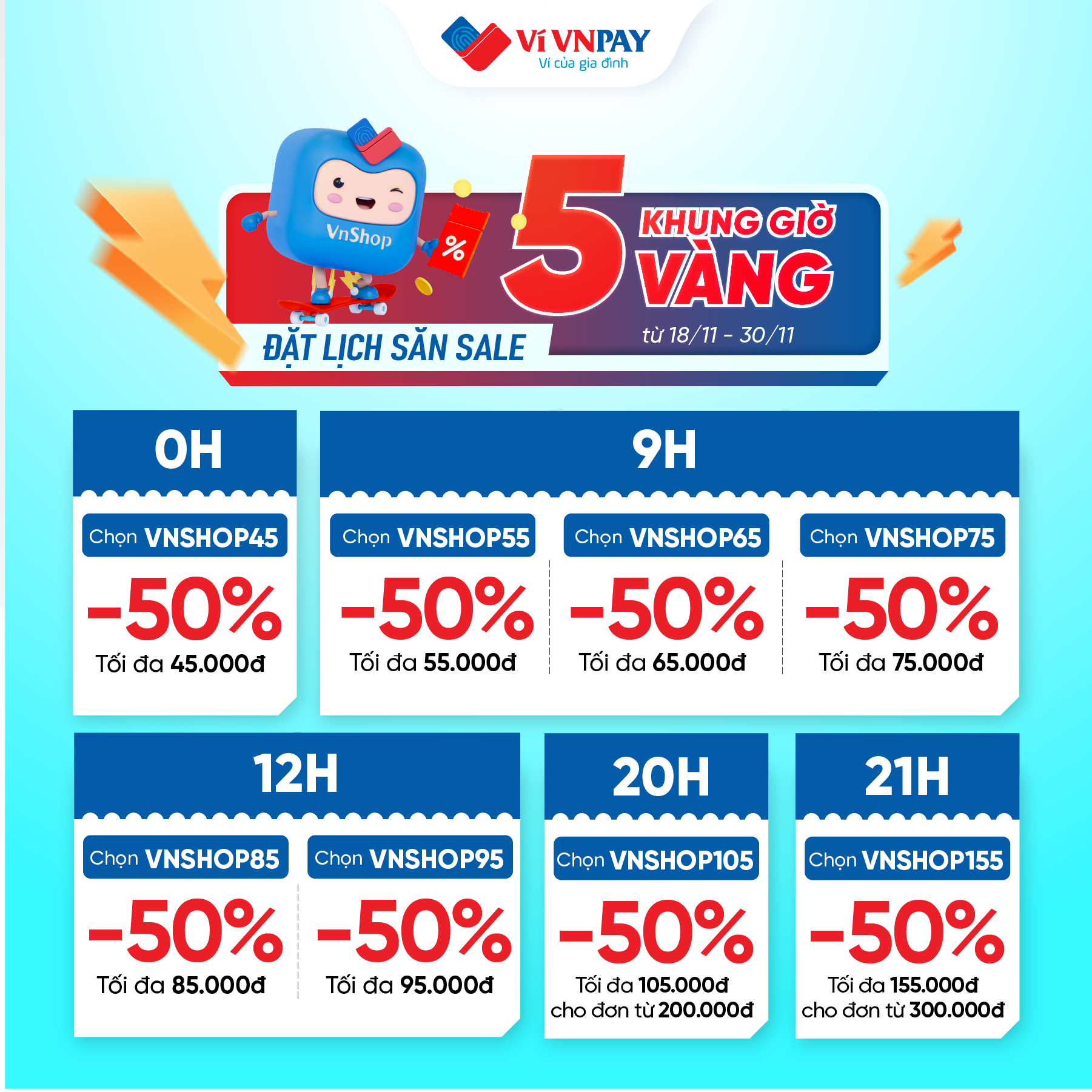 Mỗi khung giờ, Mua sắm VnShop trên Ví VNPAY tung mã giảm 50% hấp dẫn.