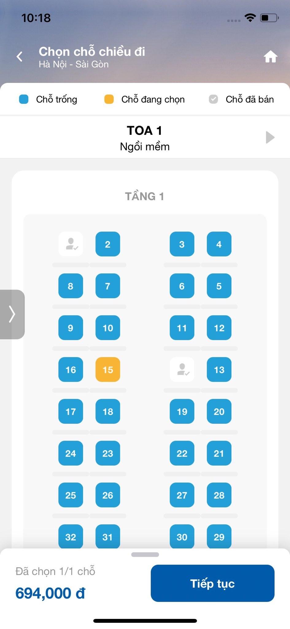 Giá vé tàu được hiển thị tương ứng với vị trí chỗ ngồi bạn chọn