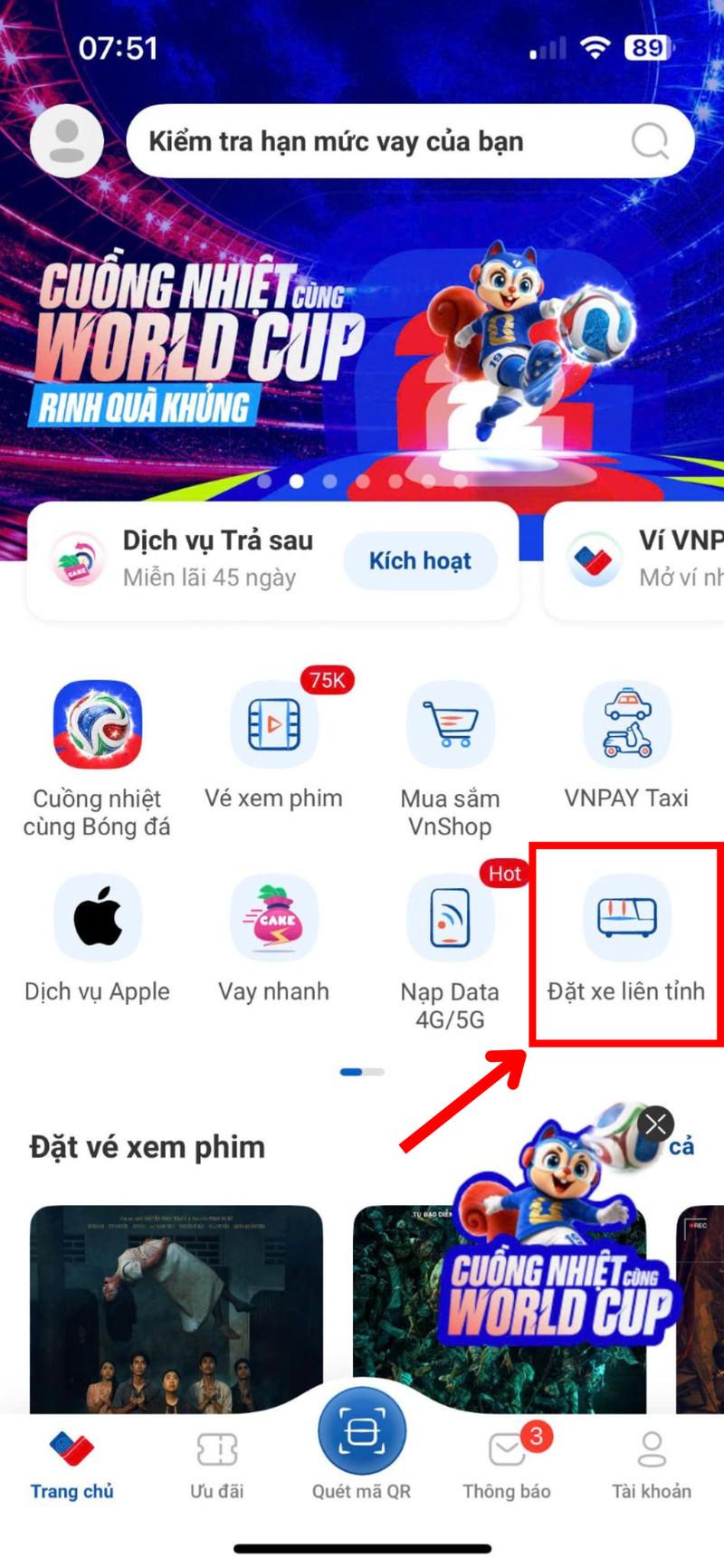 Chọn "Đặt xe liên tỉnh" (nếu muốn đi xe giường nằm/limousine)
