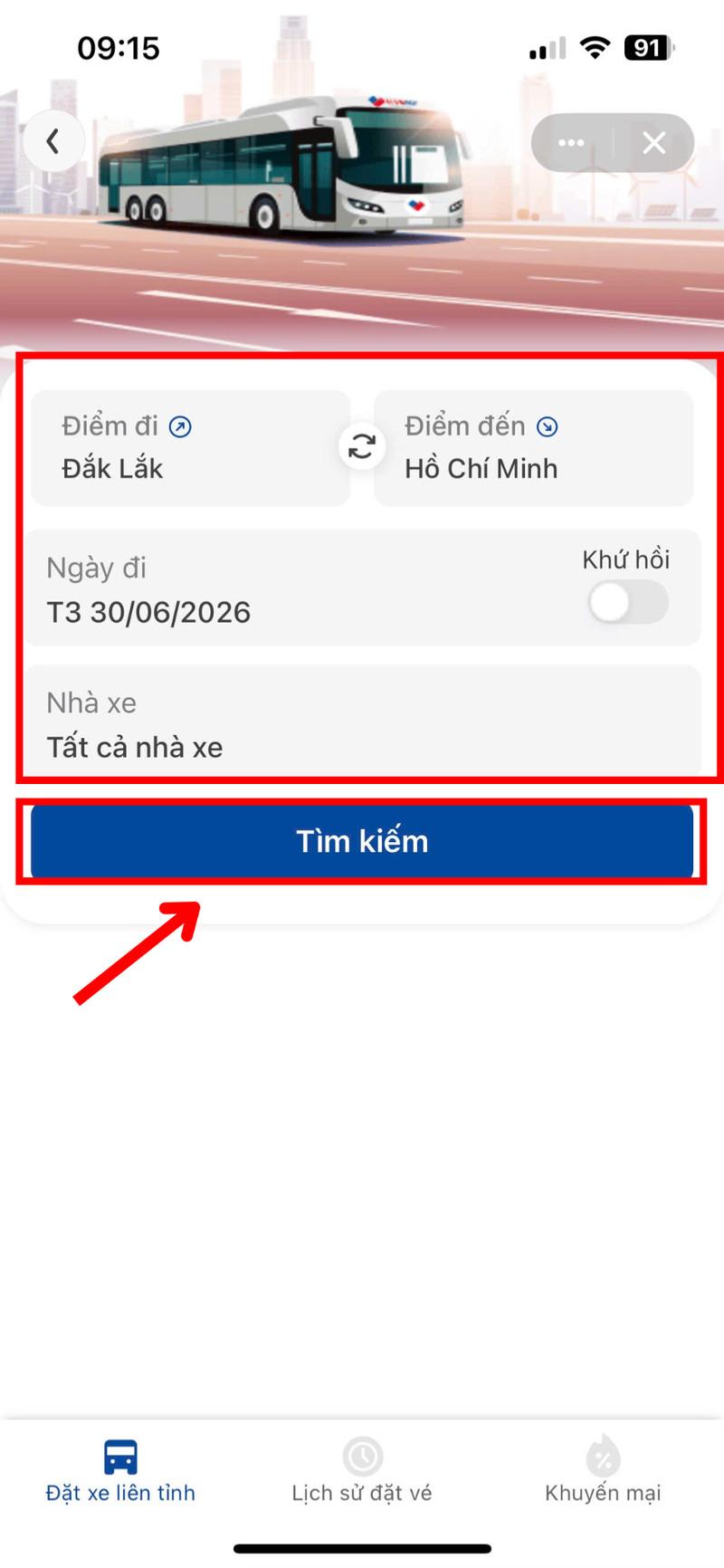 Chọn thông tin lộ trình và bấm “Tìm kiếm”