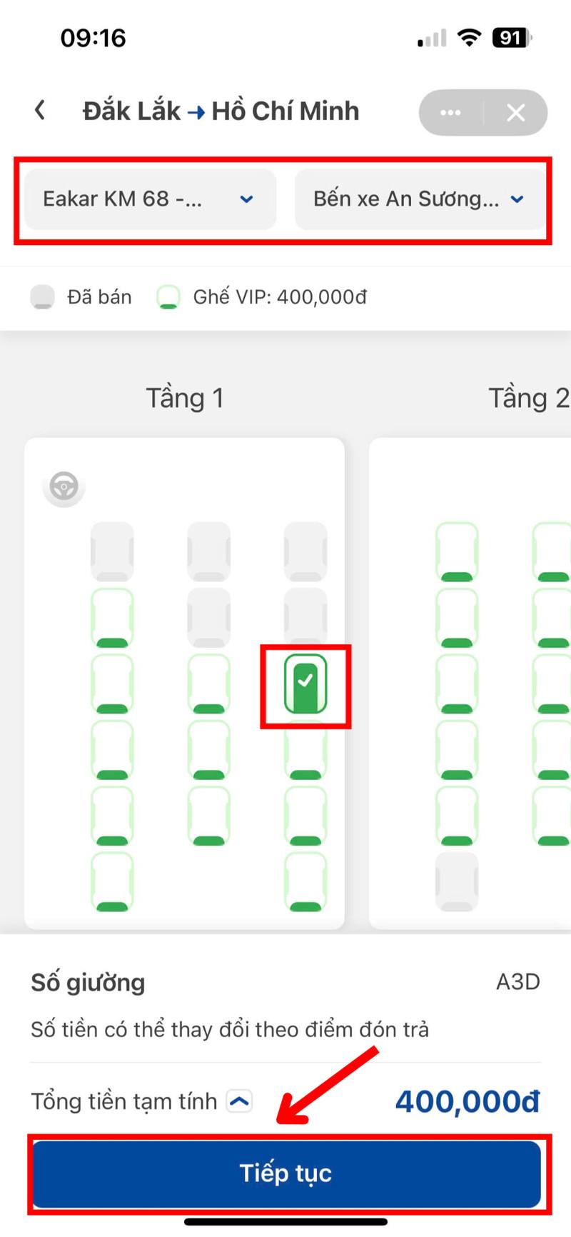 Chọn ghế/giường, điểm đưa, đón và bấm “Tiếp tục”
