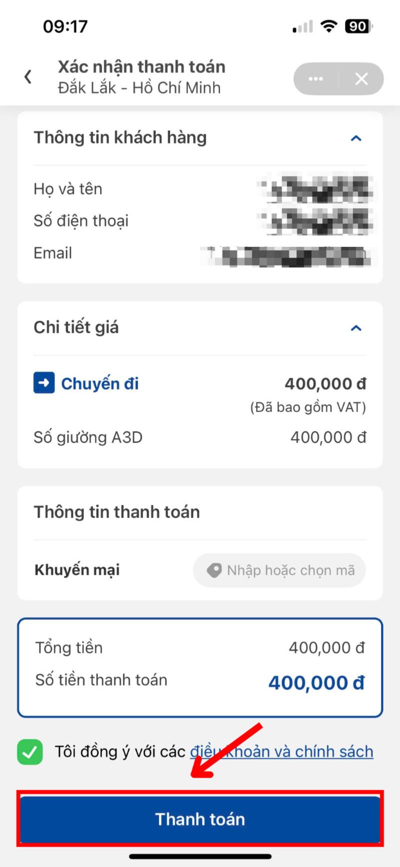 Kiểm tra thông tin và thanh toán