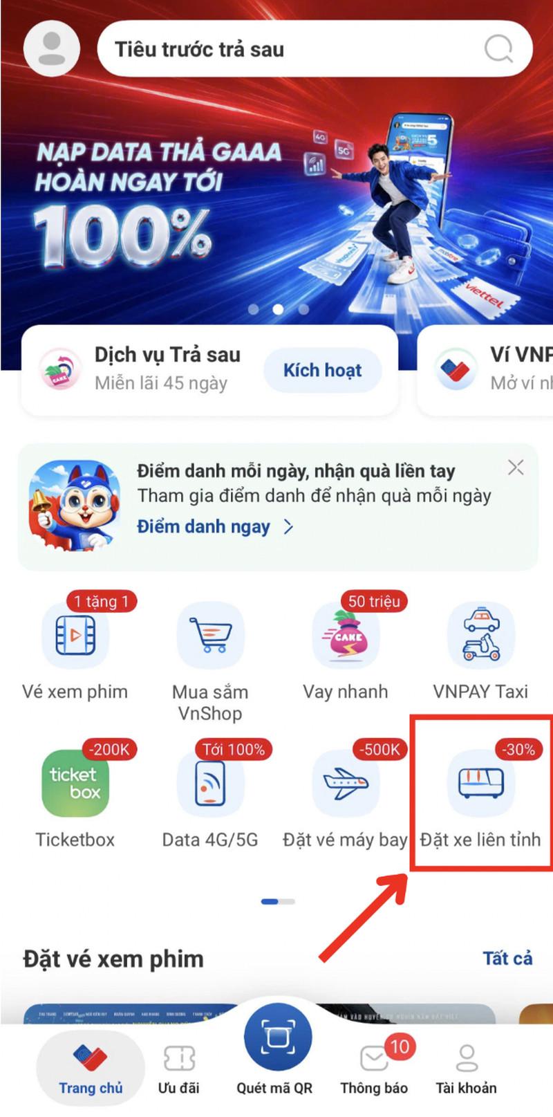 Chọn "Đặt xe liên tỉnh"