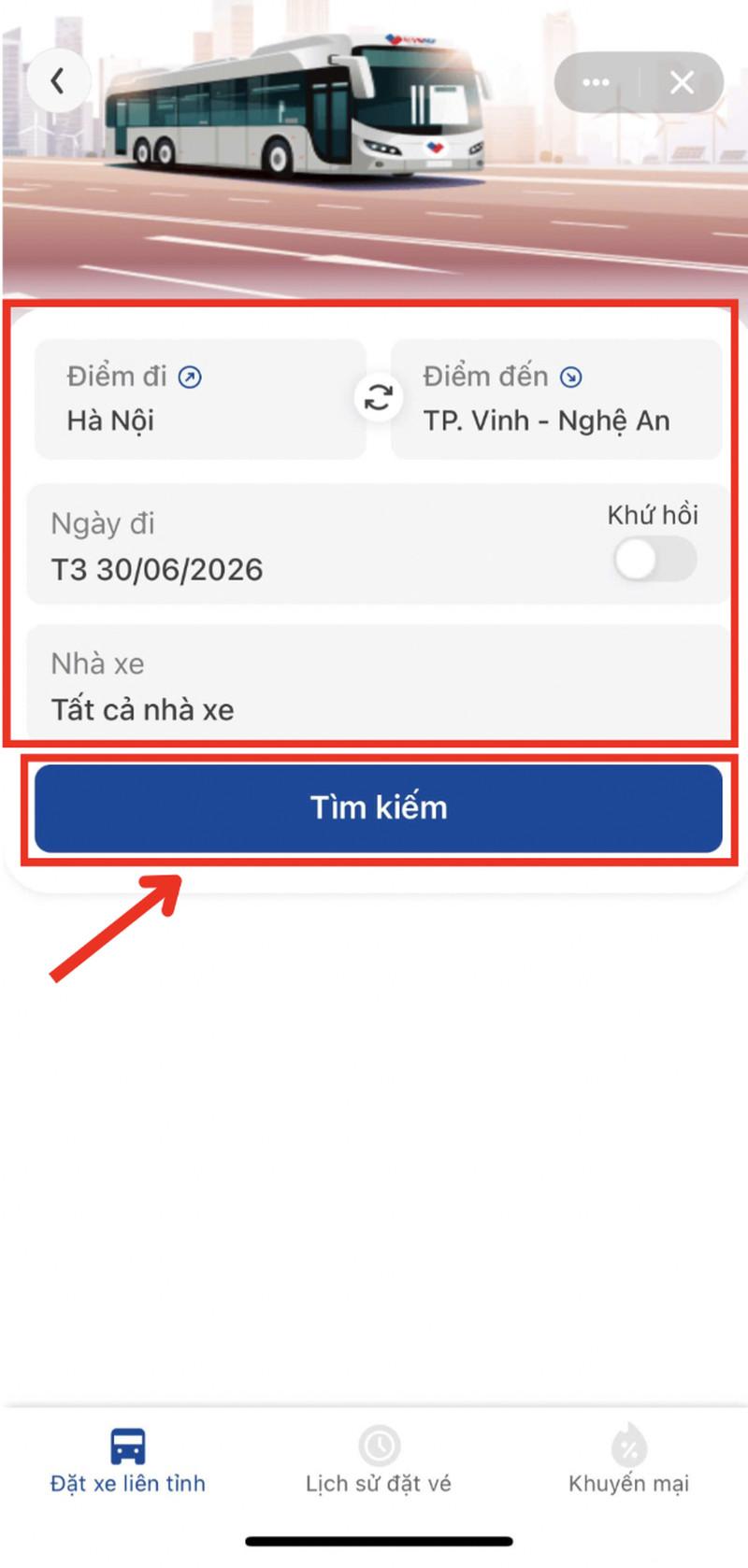 Chọn thông tin lộ trình và bấm “Tìm kiếm”