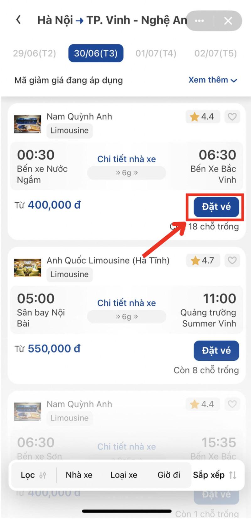 Chọn nhà xe và lịch trình phù hợp sau đó bấm “Đặt vé”