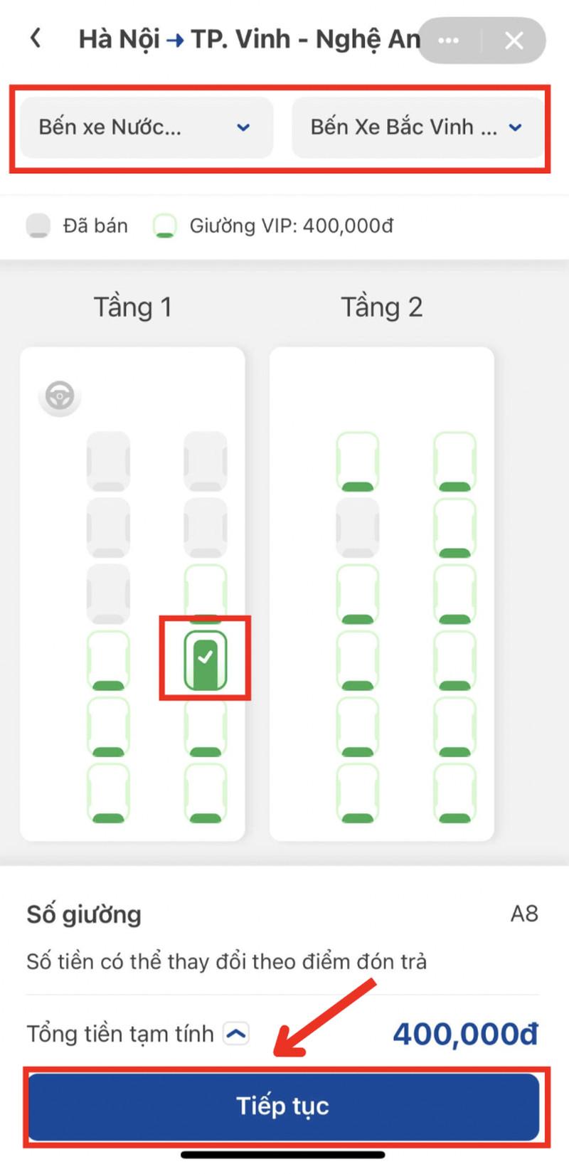 Chọn ghế/giường, điểm đưa, đón và bấm “Tiếp tục”