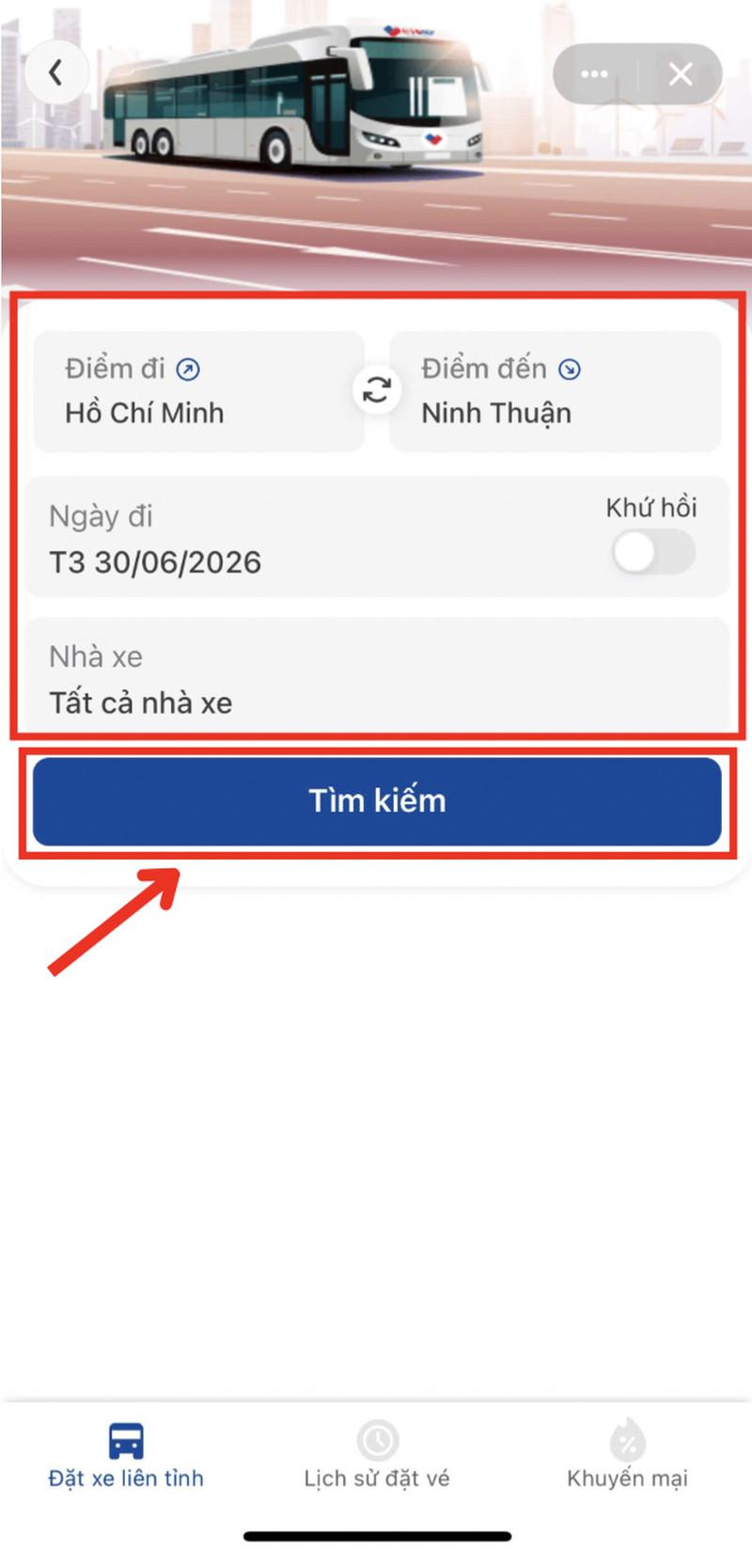 Chọn thông tin lộ trình và bấm “Tìm kiếm”
