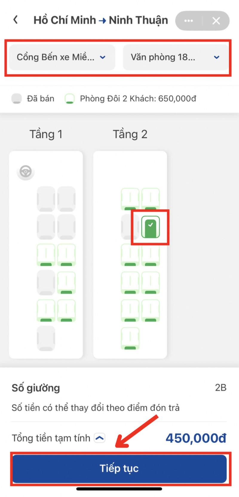 Chọn ghế/giường, điểm đưa, đón và bấm “Tiếp tục”