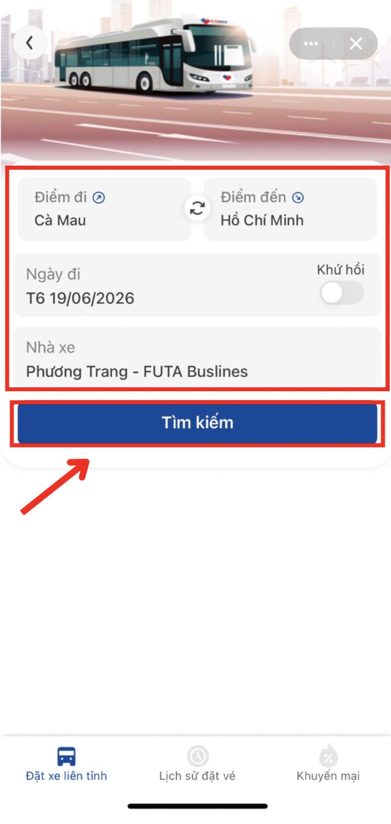 Chọn thông tin lộ trình và bấm “Tìm kiếm”