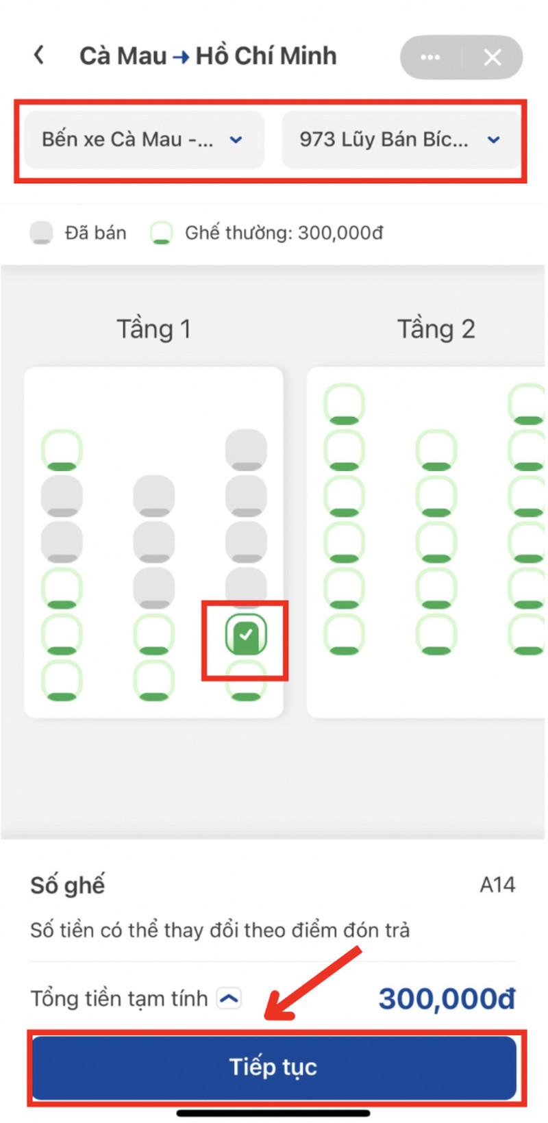 Chọn ghế/giường, điểm đưa, đón và bấm “Tiếp tục”