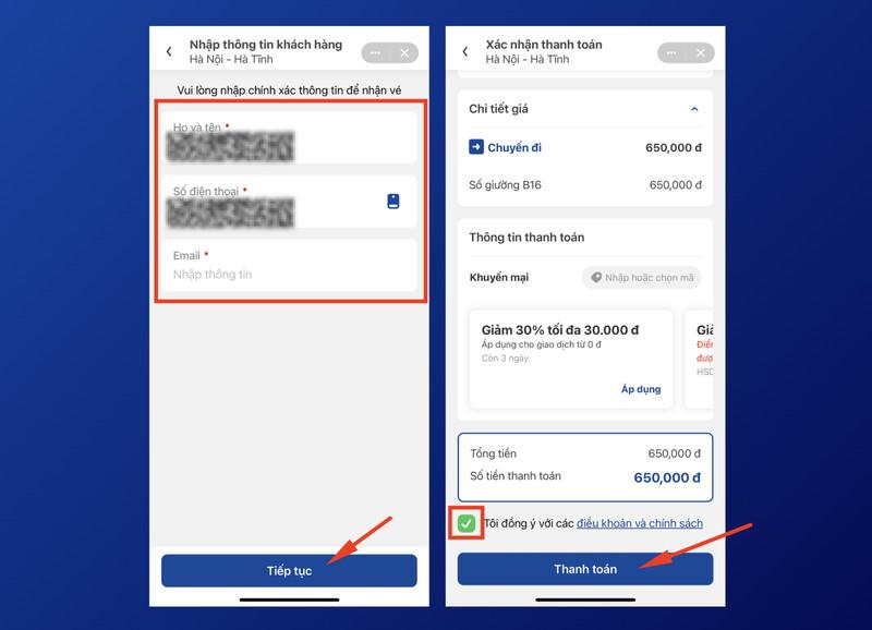 Hoàn tất đặt vé xe qua Ứng dụng VNPAY