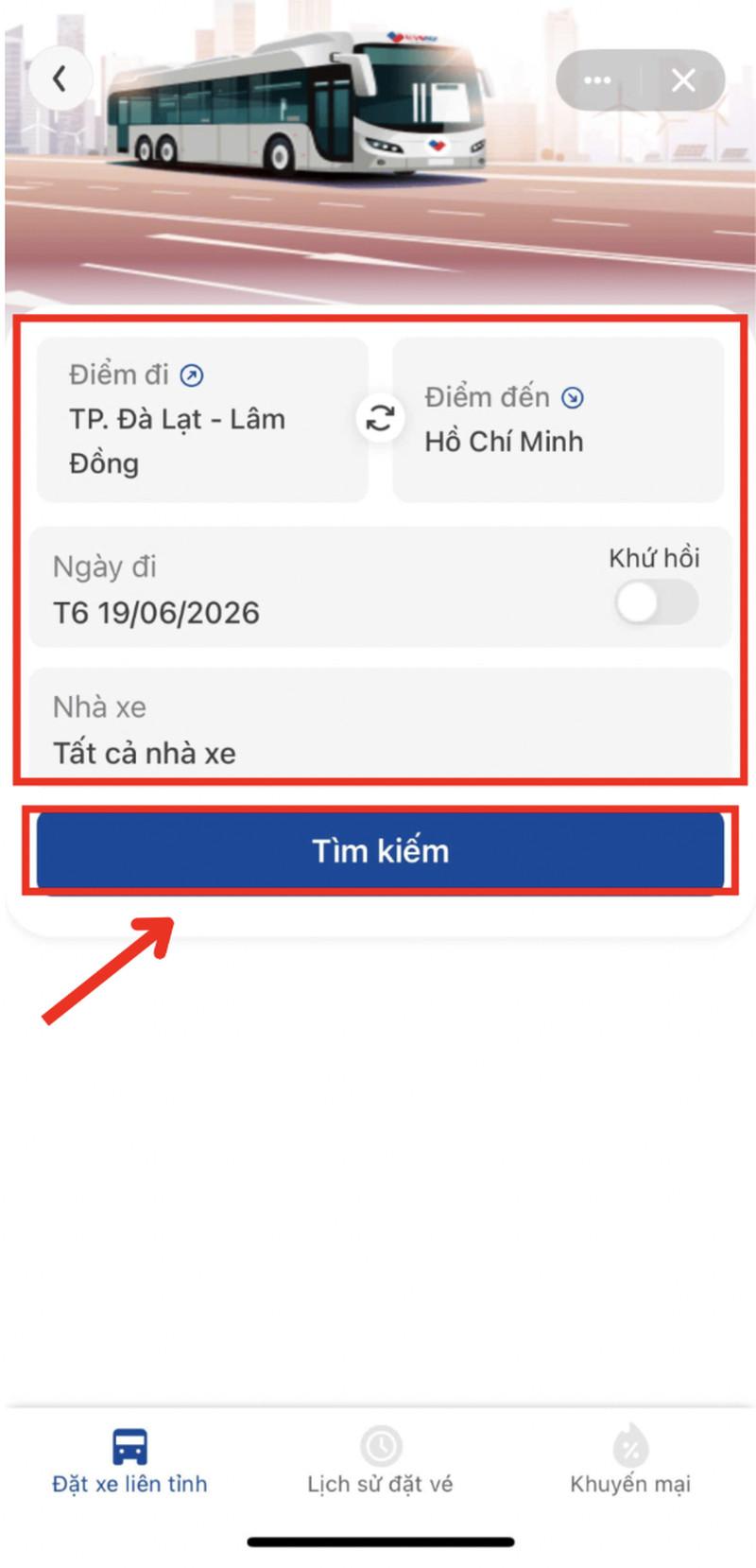 Chọn thông tin lộ trình và bấm “Tìm kiếm”