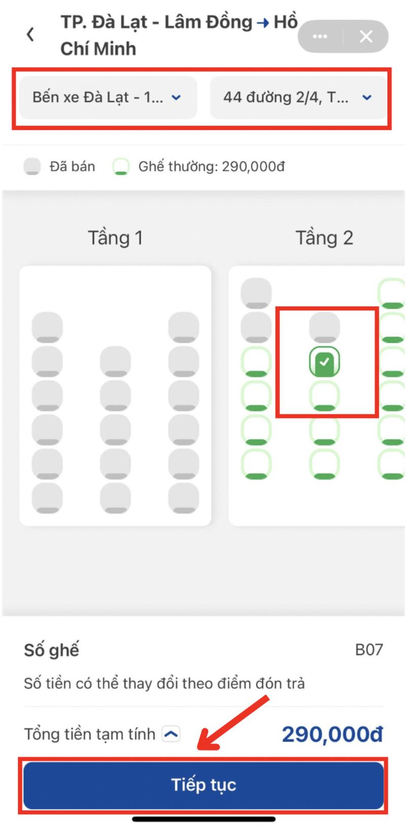 Chọn ghế/giường, điểm đưa, đón và bấm “Tiếp tục”