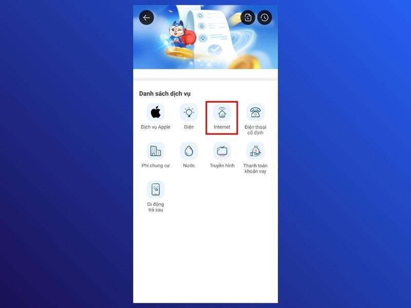 Nhấn chọn biểu tượng Internet