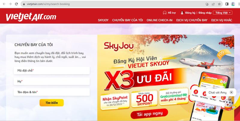 Website Vietjet cho phép đổi ngày bay trực tuyến nhanh chóng (Nguồn: Vietjet)