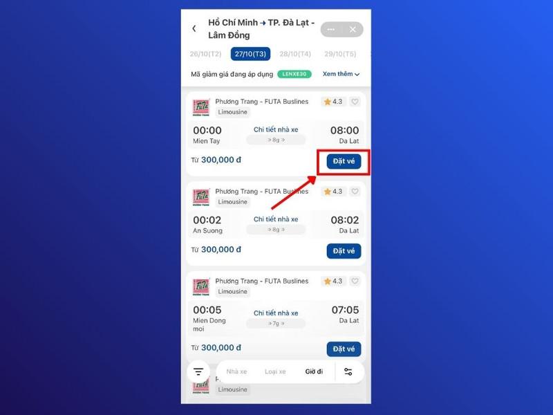 Chọn chuyến xe phù hợp và tiến hành đặt vé