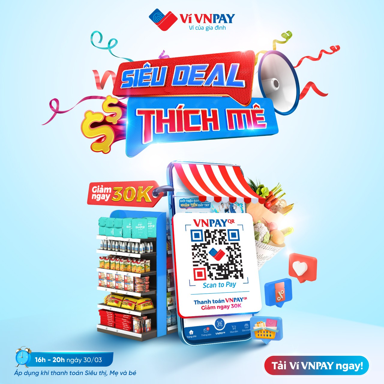 Mã VIVNPAY30K - Giảm 30.000 đồng khi thanh toán VNPAY-QR tại các chuỗi siêu thị, cửa hàng lớn